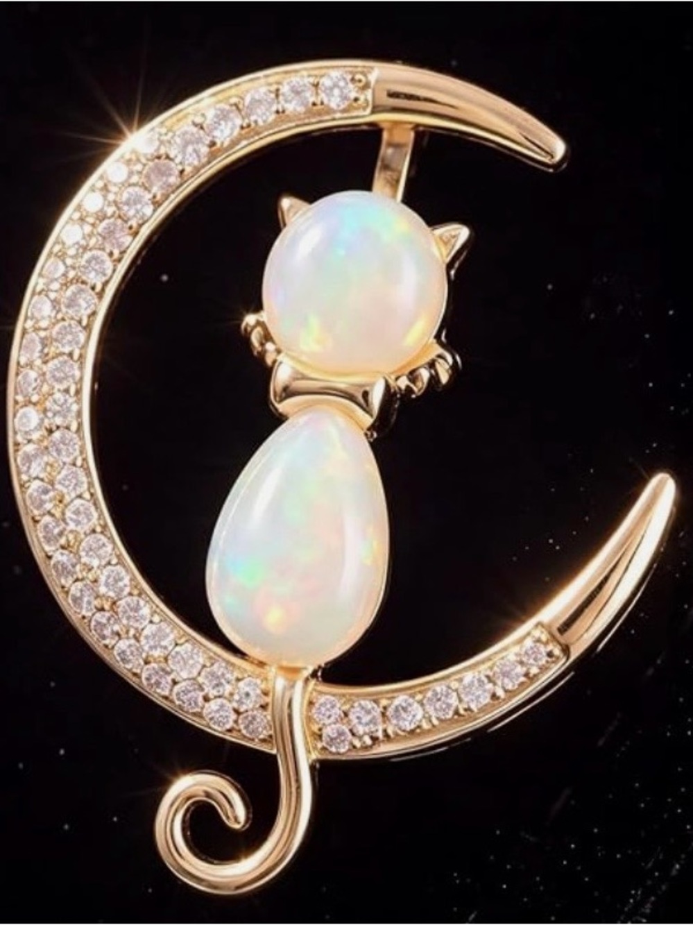 Gold-Tone Cat on Crescent Moon Brooch with White Opalescent Stones Lapel